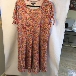 Chaps Round-Neck Dress with Short Sleeves, red/yellow print,